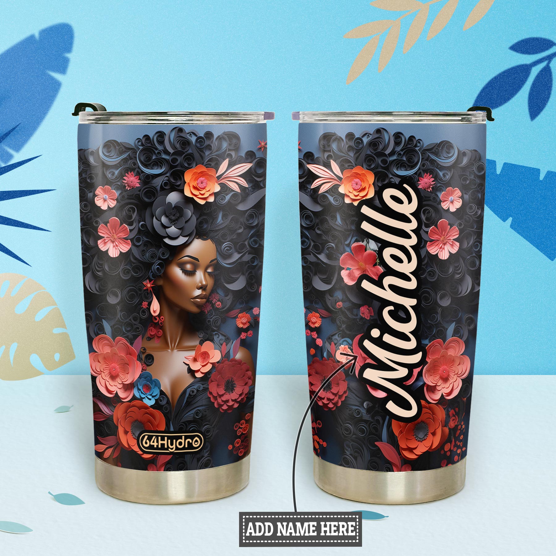 Black Woman Floral Quilling Art HHRZ20095228XZ Stainless Steel Tumbler