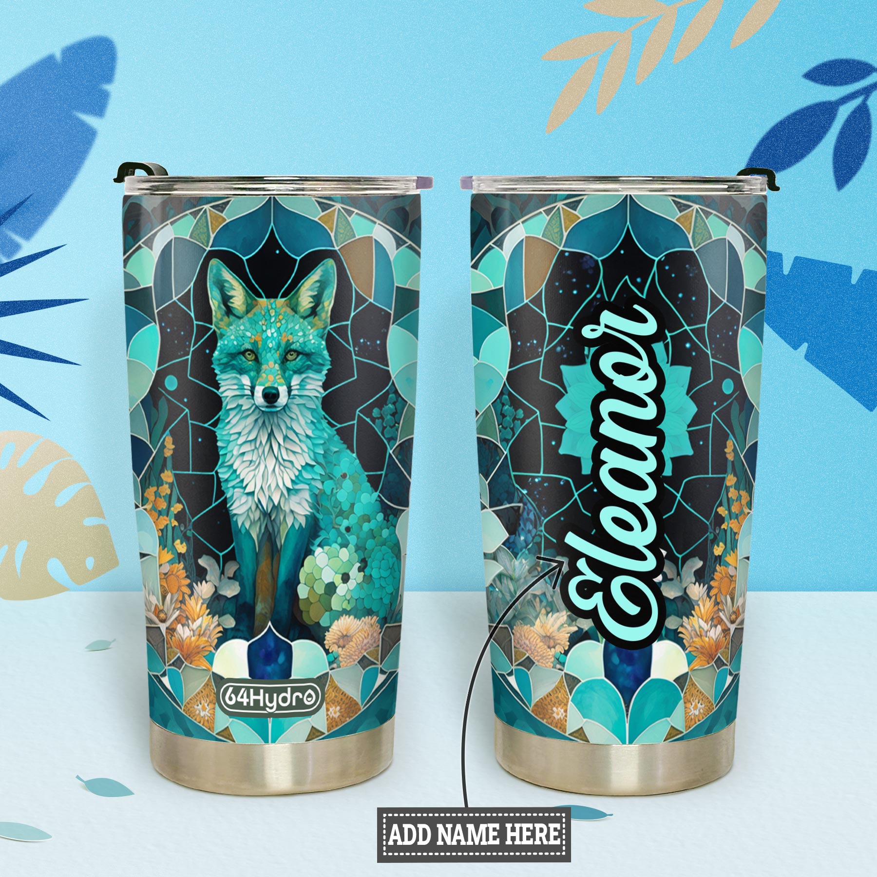 Fox Aquamarine Crystal Mosaic HTRZ14090350PD Stainless Steel Tumbler
