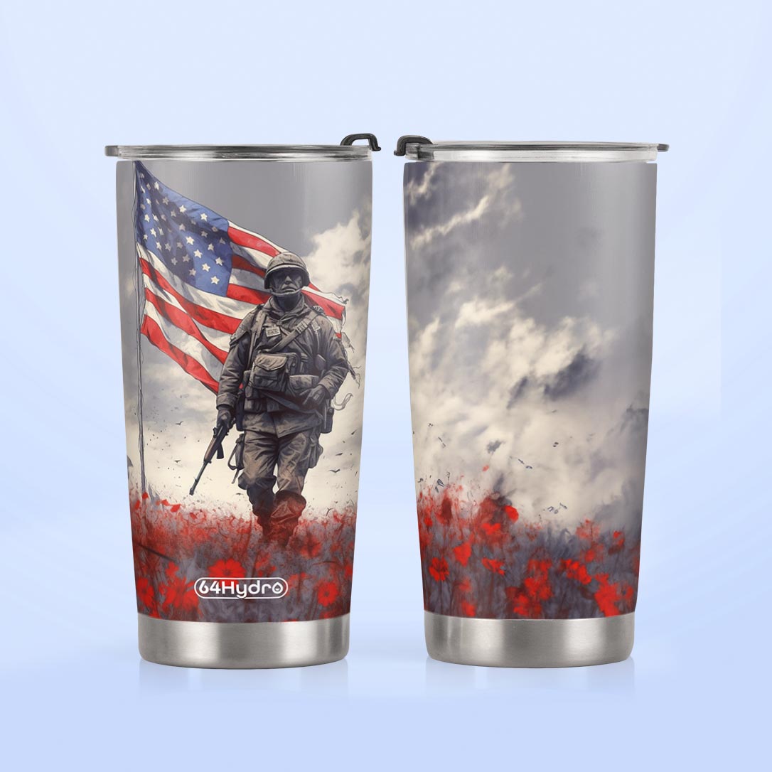 Veteran Walking Through Red Flower Field HTRZ24081667UB Stainless Steel Tumbler
