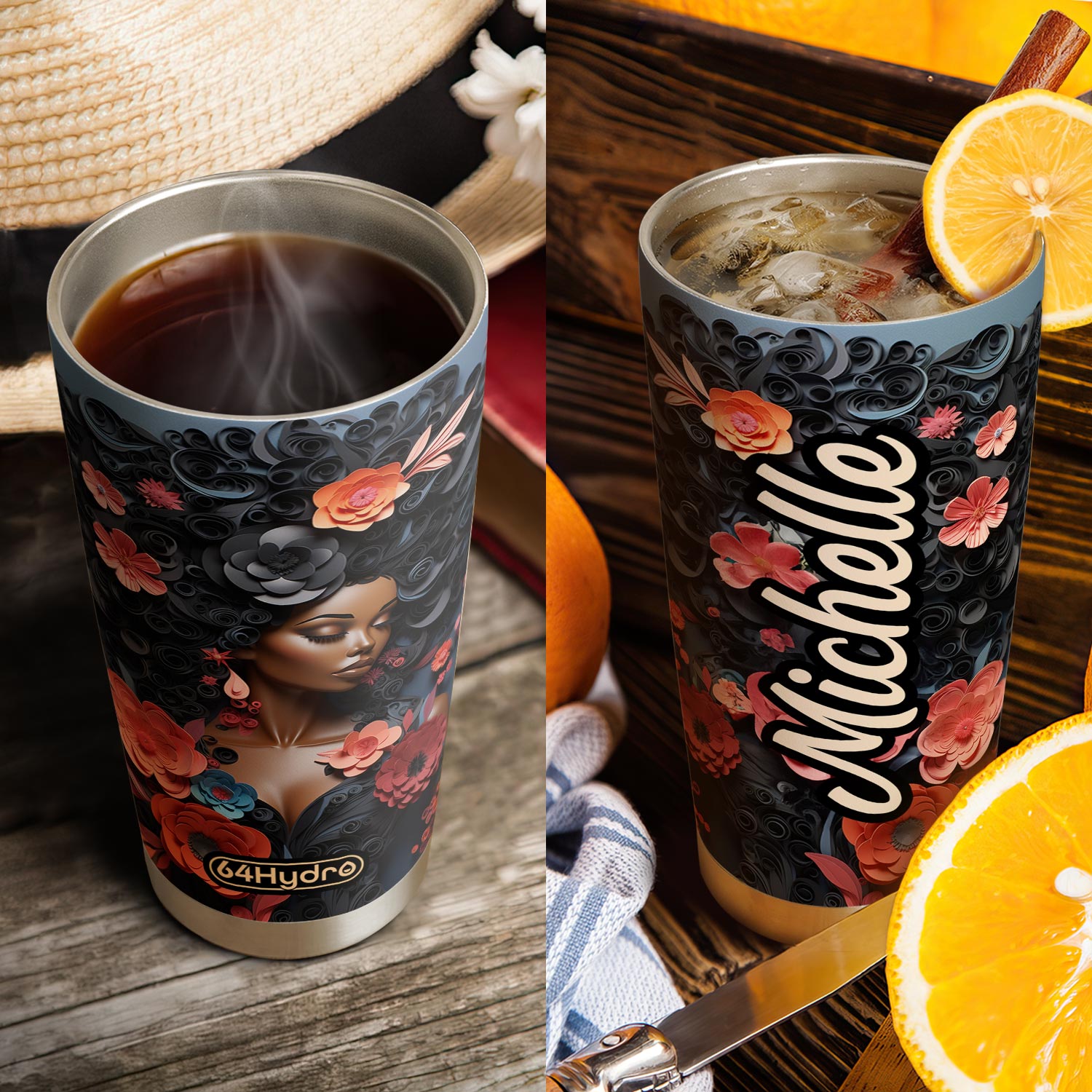 Black Woman Floral Quilling Art HHRZ20095228XZ Stainless Steel Tumbler