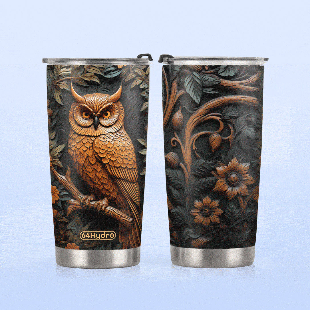 Owl In Night Forest Leather Carving HHAY100723123 Stainless Steel Tumbler