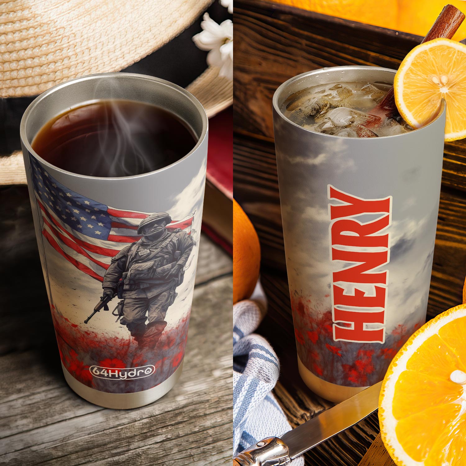 Veteran Walking Through Red Flower Field HTRZ24081667UB Stainless Steel Tumbler