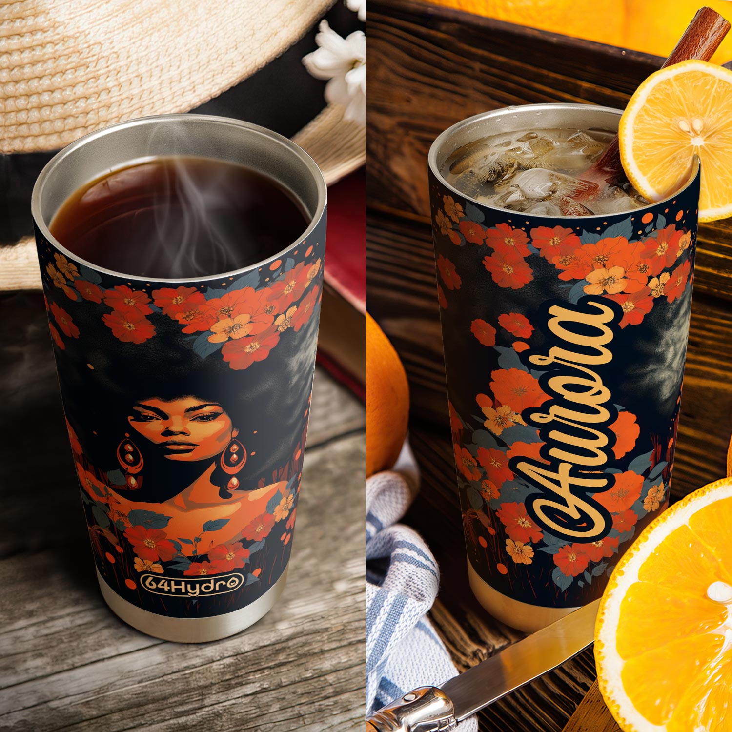 Vintage Black Woman Floral HHRZ20090464GI Stainless Steel Tumbler