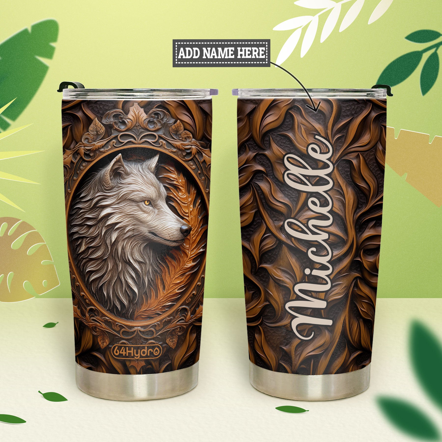 Wolf Leather Carving HHAY070723484 Stainless Steel Tumbler