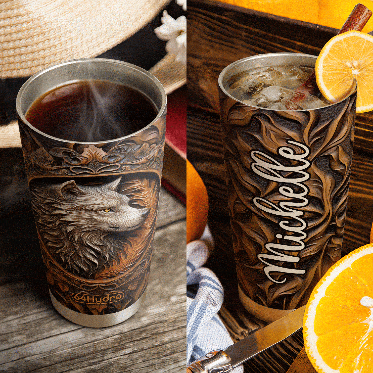 Wolf Leather Carving HHAY070723484 Stainless Steel Tumbler
